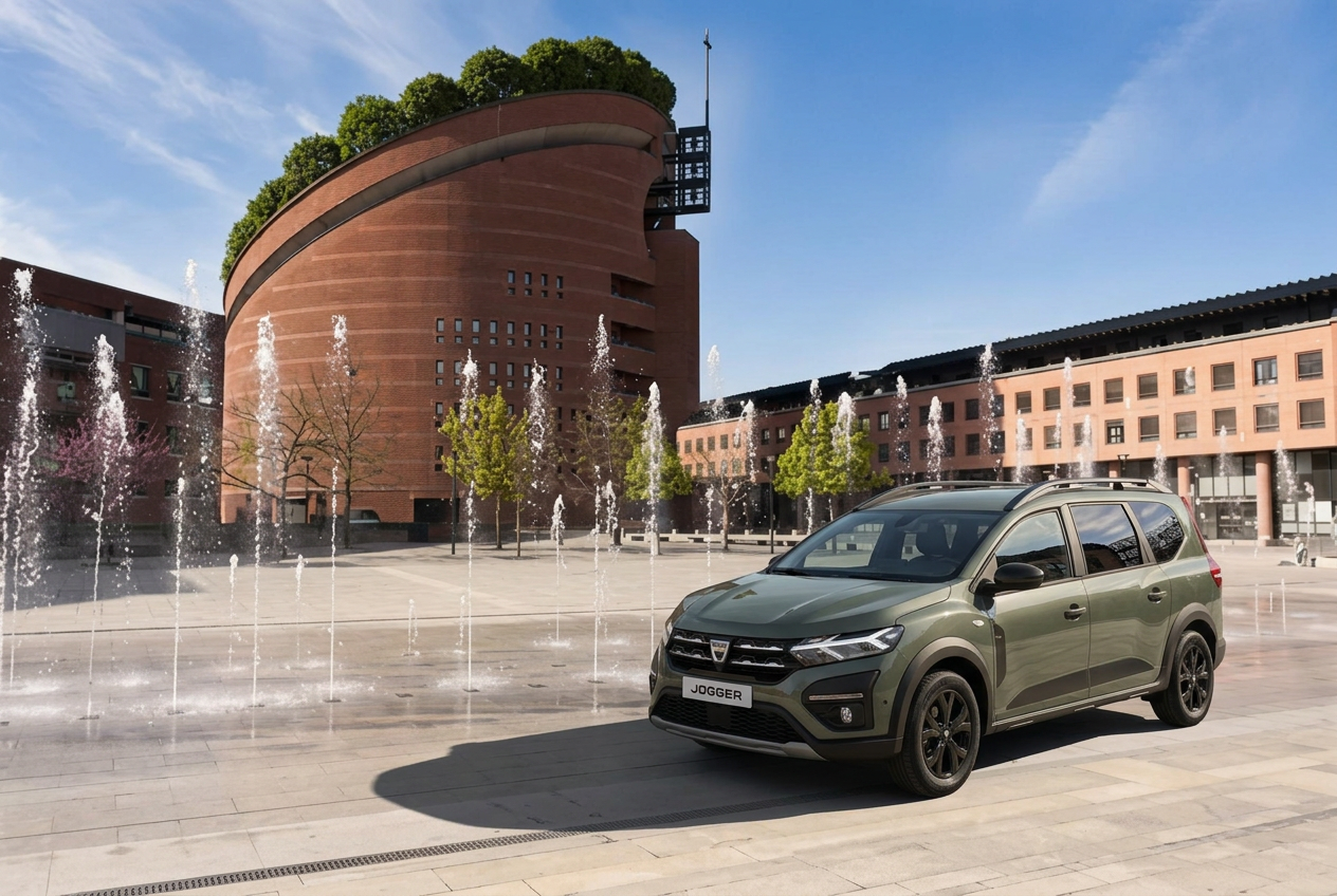 Dacia Jogger kaki militaire SAJA VTC sur la place devant la cathédrale d’Évry-Courcouronnes
