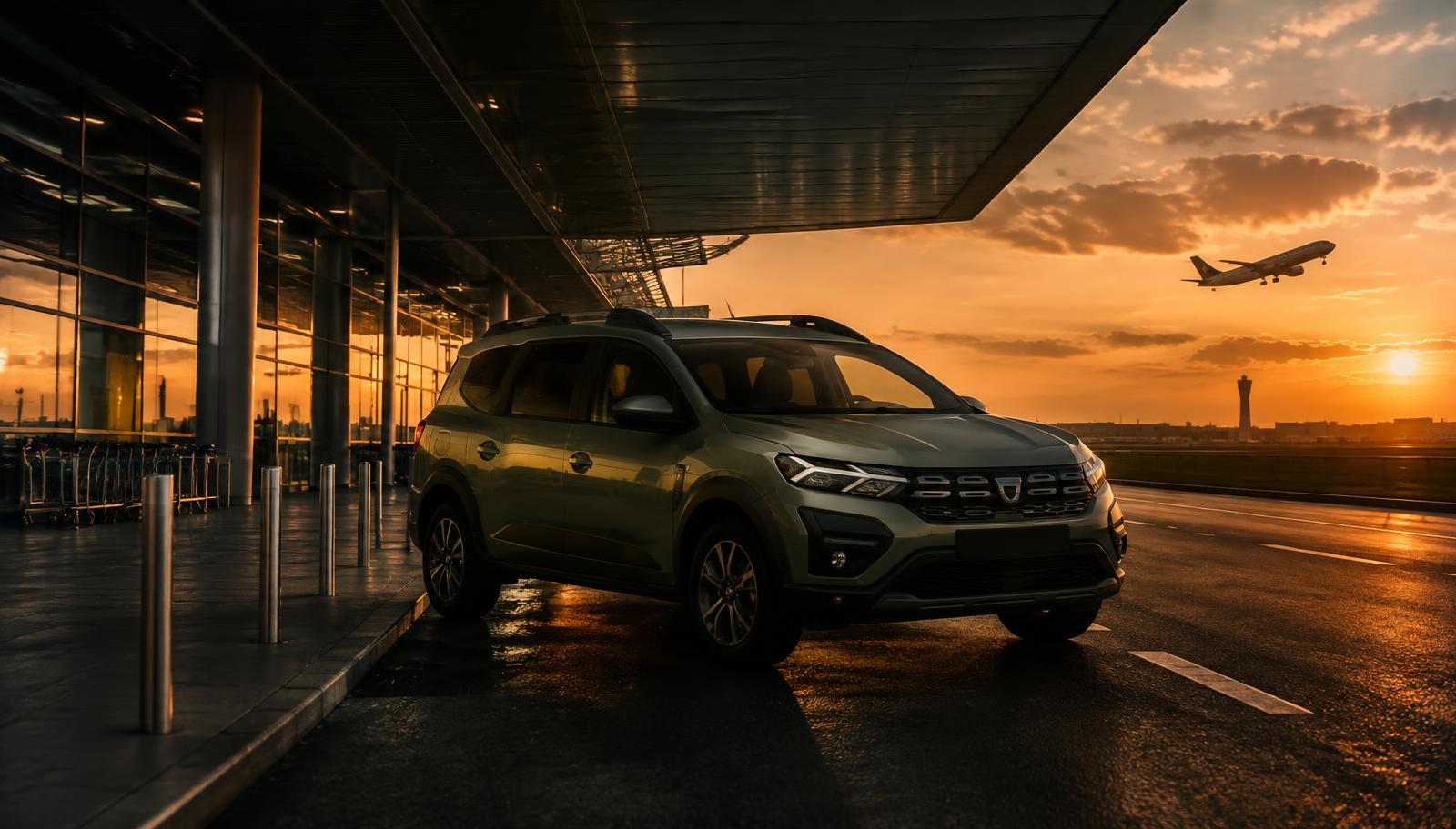 Dacia Jogger kaki militaire SAJA VTC devant le terminal de l'aéroport