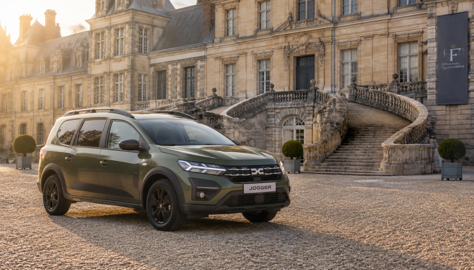 Dacia Jogger kaki militaire SAJA VTC devant le Château de Fontainebleau