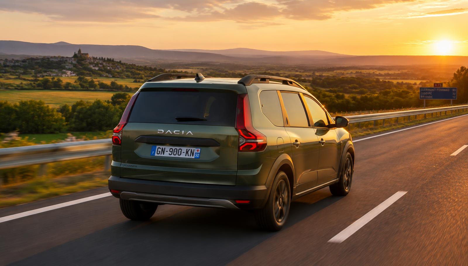 Dacia Jogger kaki militaire SAJA VTC sur l'autoroute au coucher du soleil