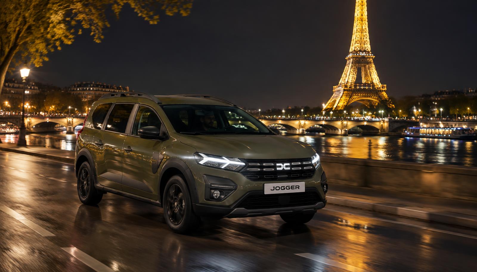 Dacia Jogger kaki militaire SAJA VTC la nuit à Paris devant la tour Eiffel illuminée