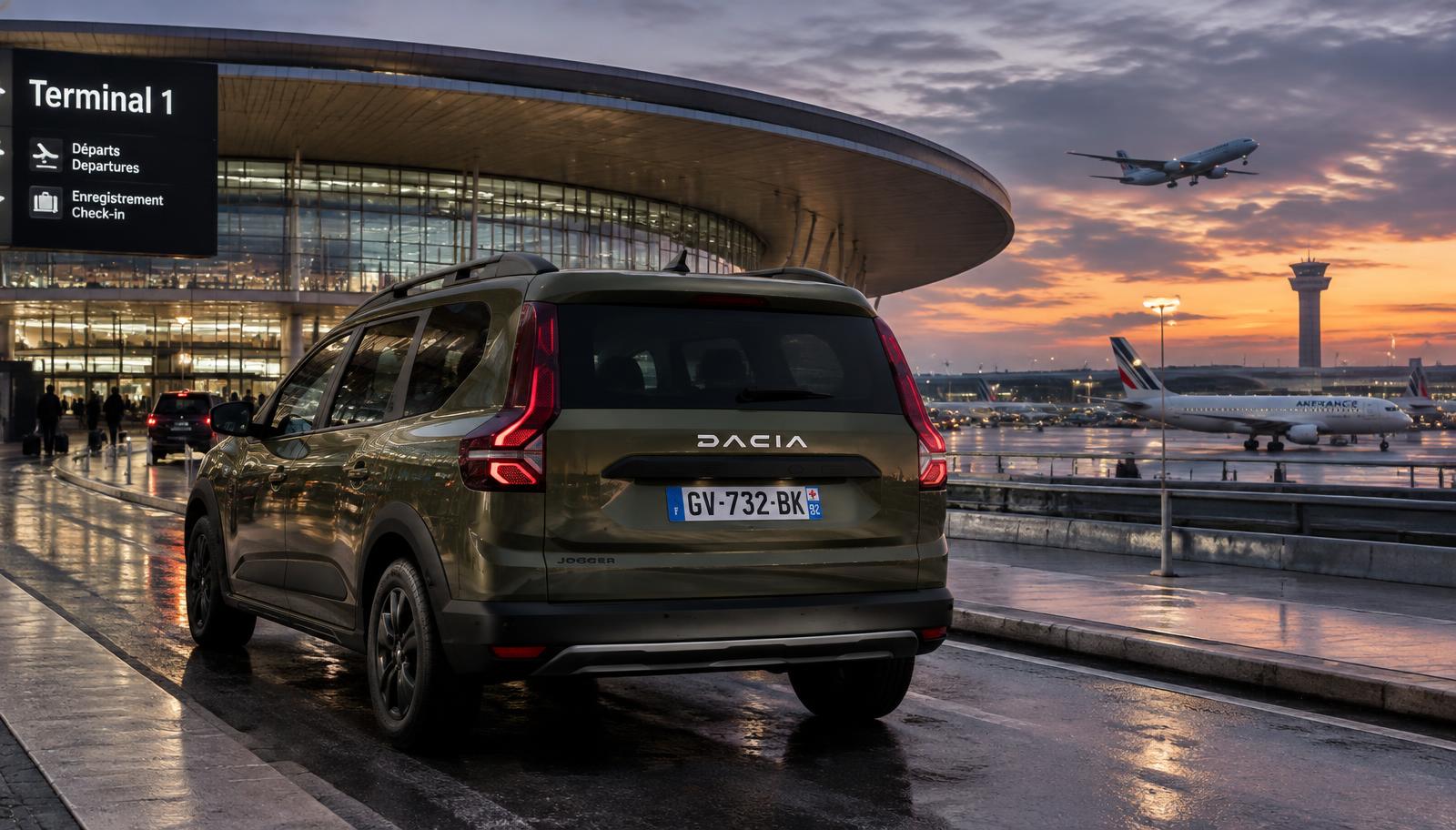 Dacia Jogger kaki militaire SAJA VTC devant un terminal de l'aéroport Roissy-Charles-de-Gaulle