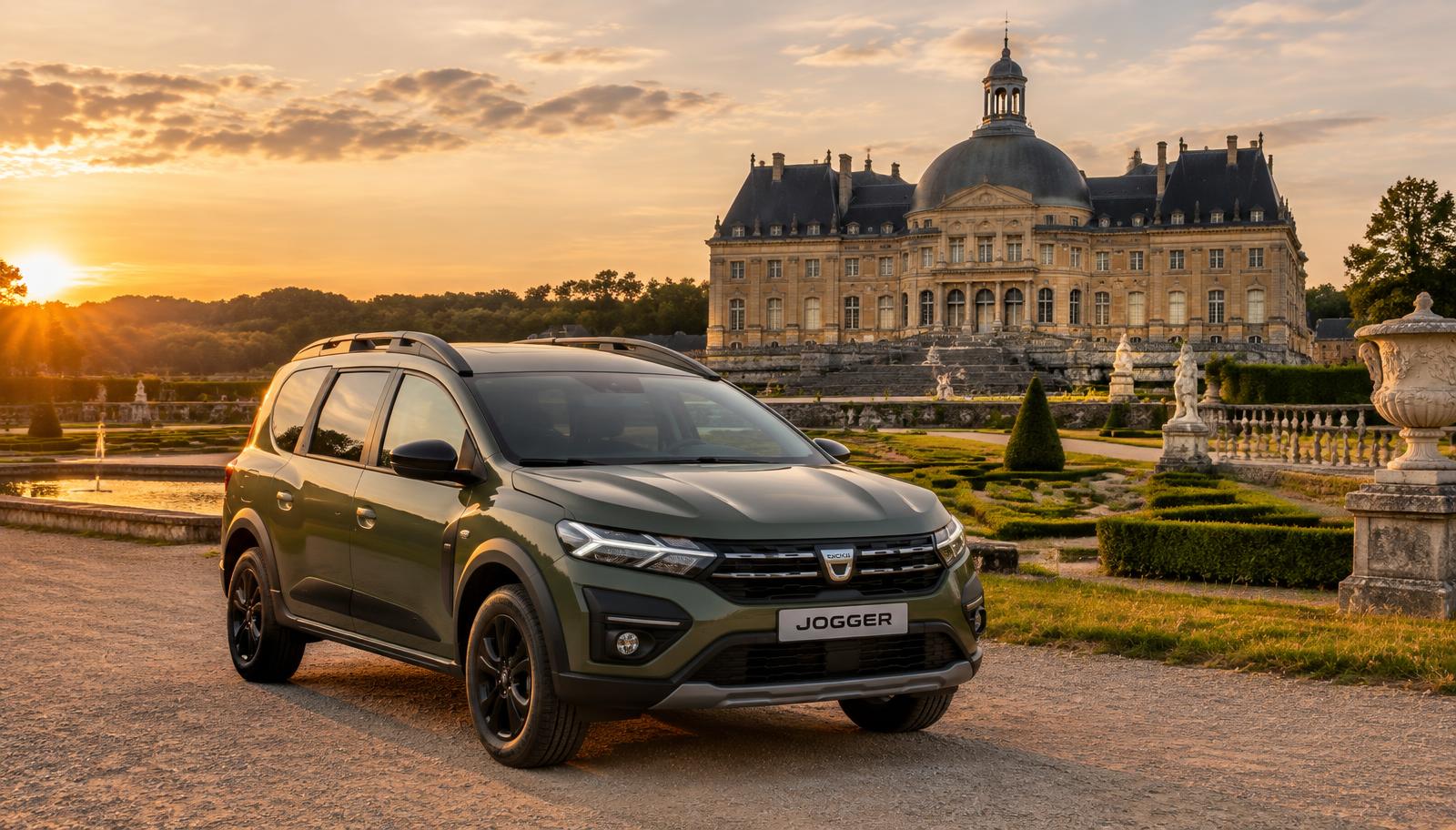 Dacia Jogger kaki militaire SAJA VTC devant le Château de Vaux-le-Vicomte