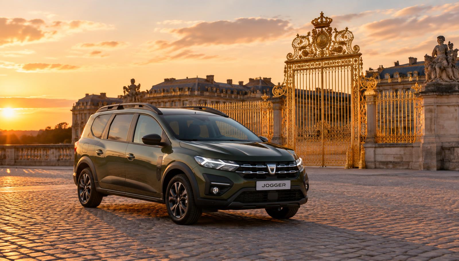 Dacia Jogger kaki militaire SAJA VTC devant les grilles dorées du Château de Versailles